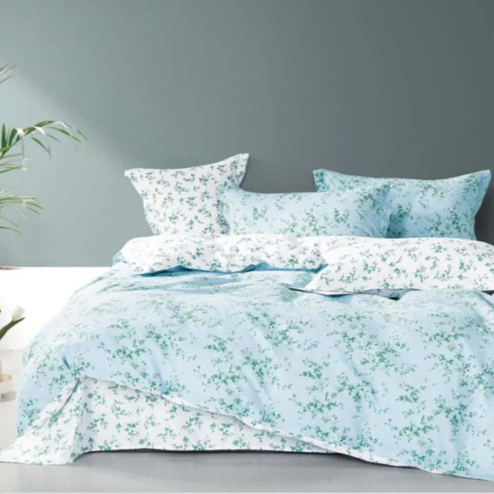 Summer Eve Blue/Green Floral 100% Cotton‎ Reversible Comforter Set Cottagecore
